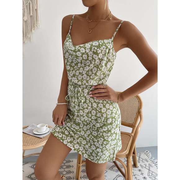 Boho Floral Print cowl neck Belted Cami Dress green - Picture 5 of 5